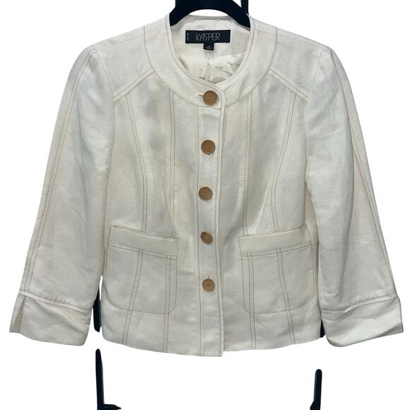 Kasper Women's 4P White Linen Collarless Jacket Blazer With Camel Stitching - Picture 1 of 7